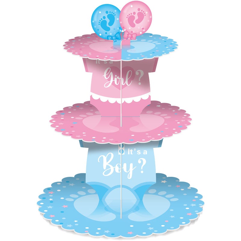 Faccito Gender Reveal Party Cupcake Stand Decorations Blue and Pink 3 Tier Baby Shower Cupcake Toppers Tower Cardboard Supplies for Boy Girl Baby Gender Reveal Birthday Party Favors Footprint