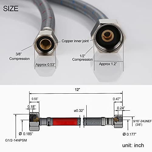 WOWOW 12 Inch Faucet Supply Hose Braided Nylon Supply Hose Sink Faucets Supply Line 3/8" Comp x 1/2" Comp Bathroom Faucet Line Replacement Parts Basin Faucet Hoses 2 PCS - Image 5