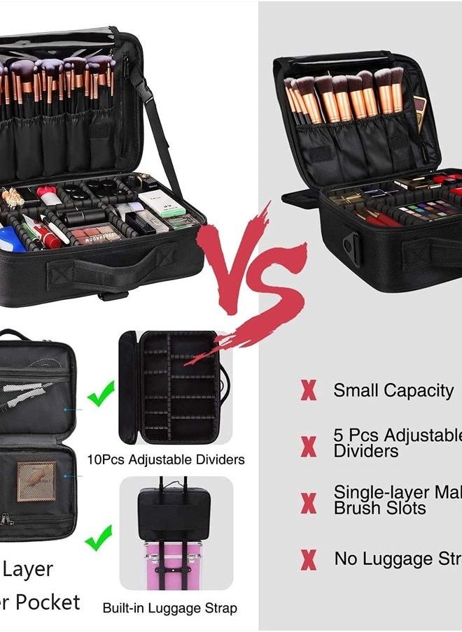 MONSTINA Travel Makeup Train Case,13.8 inches Large Cosmetic Case,Makeup Brush Holder Organizer and Storage with Adjustable Dividers and Shoulder Strap (Black)  - Image 4