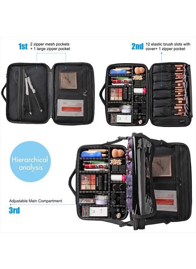 MONSTINA Travel Makeup Train Case,13.8 inches Large Cosmetic Case,Makeup Brush Holder Organizer and Storage with Adjustable Dividers and Shoulder Strap (Black)  - Image 3