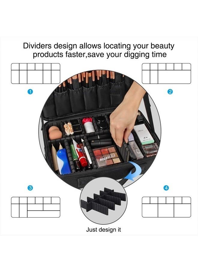 MONSTINA Travel Makeup Train Case,13.8 inches Large Cosmetic Case,Makeup Brush Holder Organizer and Storage with Adjustable Dividers and Shoulder Strap (Black)  - Image 5