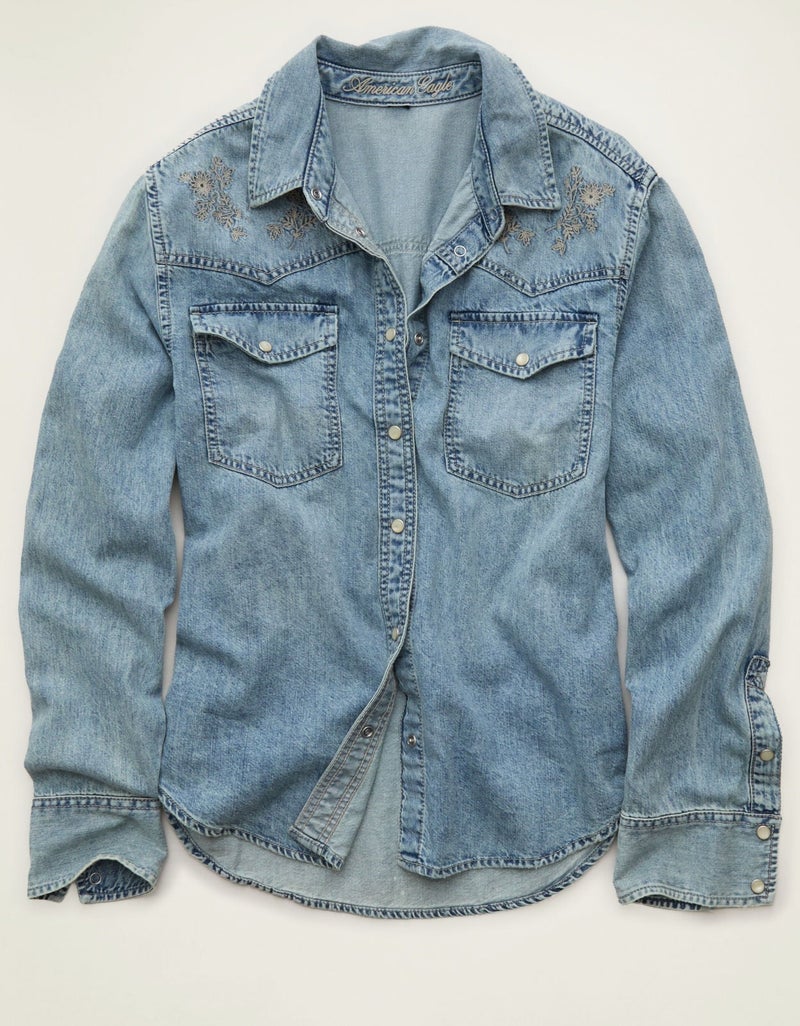 American Eagle AE Throwback Denim Button-Up Shirt - Image 1
