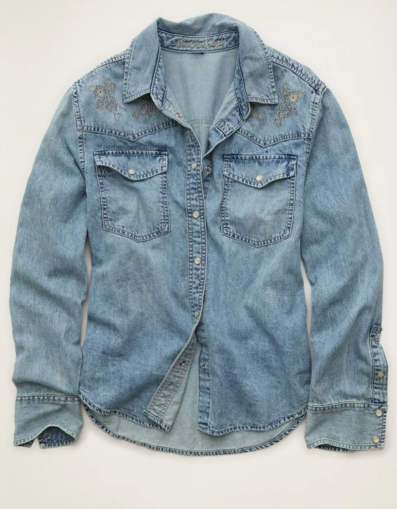 American Eagle  AE Throwback Denim Button-Up Shirt for Women | Best Price UAE