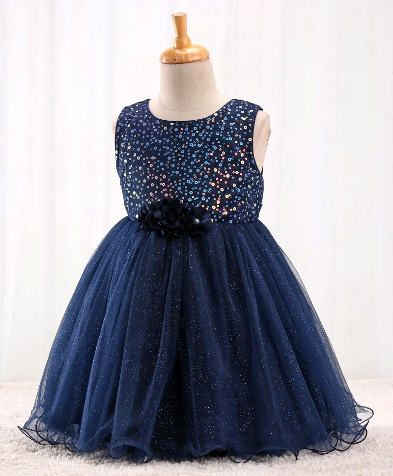 babyhug Babyhug Sleeveless Sequinned Party Frock With Floral Corsage- Navy Blue