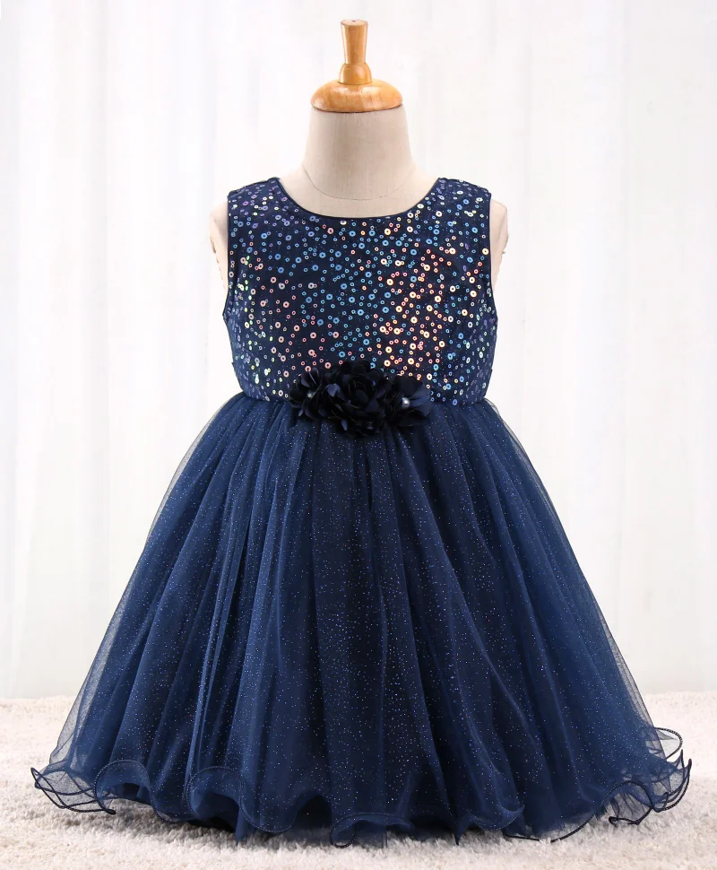 babyhug Babyhug Sleeveless Sequinned Party Frock With Floral Corsage- Navy Blue