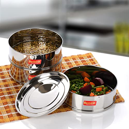 Sumeet Stainless Steel Stackable Container with Lid | Deep & Flat | Suitable for 8 LTR Inner Lid Cooker | Ideal for Food Storage & Organization - Image 2