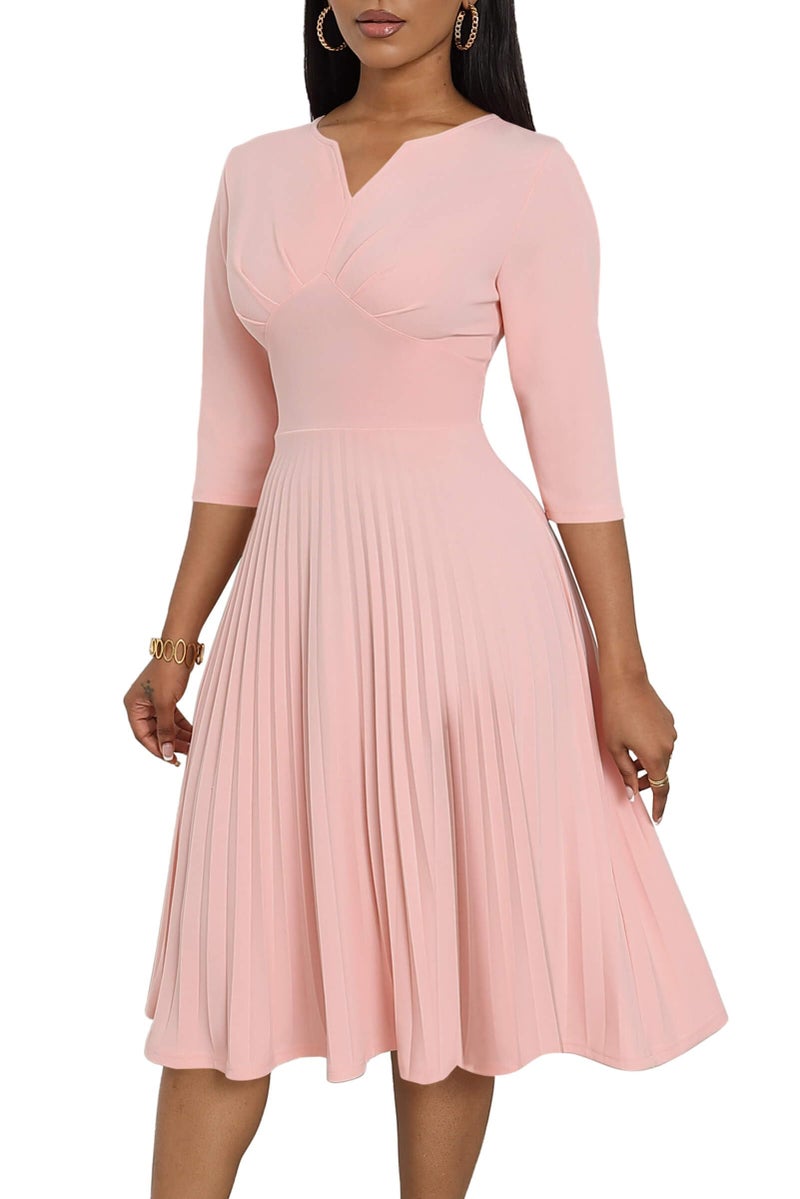 CLOCOR Midi Dresses for Women Casual Wrap Flared Pleated Dress A Line 3/4 Sleeve V Neck Church Cocktail Wedding Guest Dress Pink L - Image 1
