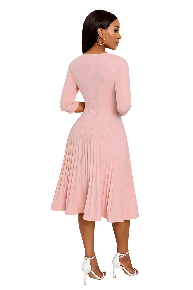 CLOCOR Midi Dresses for Women Casual Wrap Flared Pleated Dress A Line 3/4 Sleeve V Neck Church Cocktail Wedding Guest Dress Pink L - Image 4