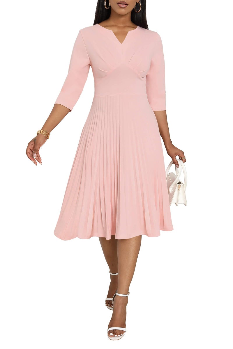 CLOCOR Midi Dresses for Women Casual Wrap Flared Pleated Dress A Line 3/4 Sleeve V Neck Church Cocktail Wedding Guest Dress Pink L - Image 3
