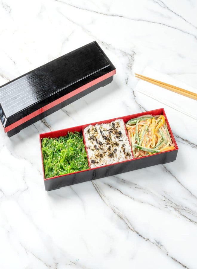 Restaurantware Bento Tek 14 x 9.1 x 2 Inch Compartment Lunch Plates 1 Japanese Style Adult Lunch Plate - With 5 Compartments Reusable Black & Red Plastic Separated Meal Plate For Hot & Cold Food - Image 3