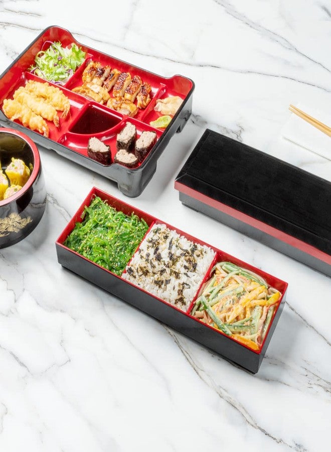 Restaurantware Bento Tek 14 x 9.1 x 2 Inch Compartment Lunch Plates 1 Japanese Style Adult Lunch Plate - With 5 Compartments Reusable Black & Red Plastic Separated Meal Plate For Hot & Cold Food - Image 4