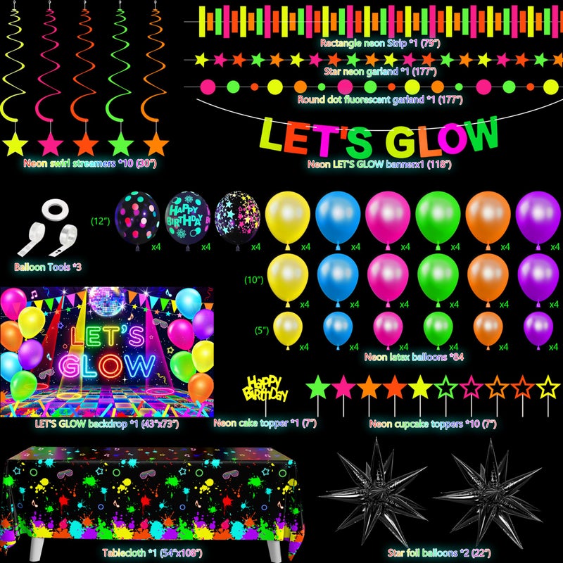 Fayoo Neon Birthday Party Decoration Glow in The Dark Party Supplies Let's Glow Backdrop Banner Neon Fluorescent Balloons Garland Arch Kit Star Hanging Swirl Black Light Reactive Glow Tape Neon Streamer - Image 2