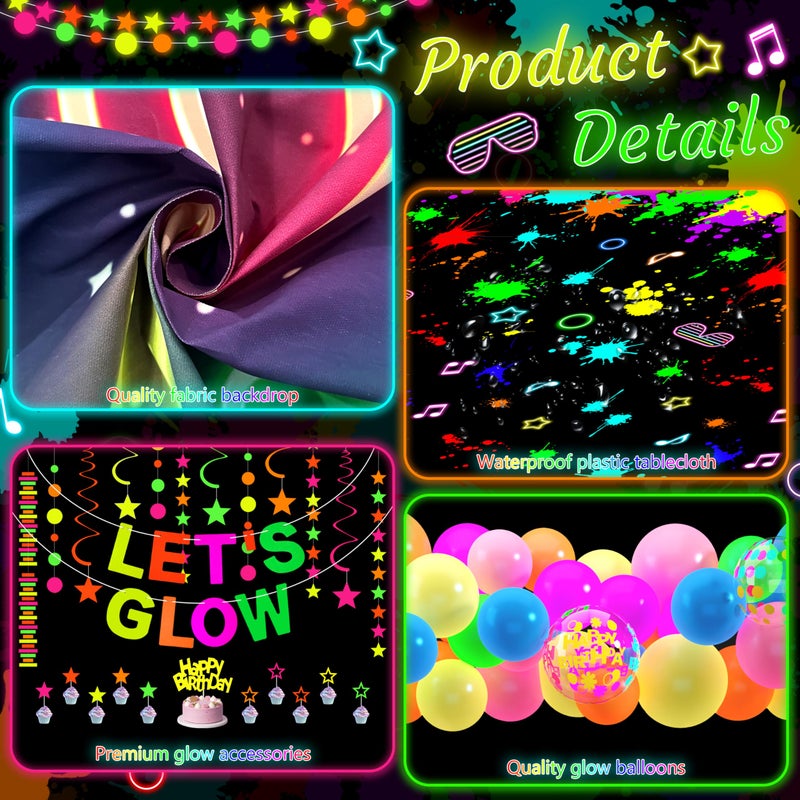 Fayoo Neon Birthday Party Decoration Glow in The Dark Party Supplies Let's Glow Backdrop Banner Neon Fluorescent Balloons Garland Arch Kit Star Hanging Swirl Black Light Reactive Glow Tape Neon Streamer - Image 3