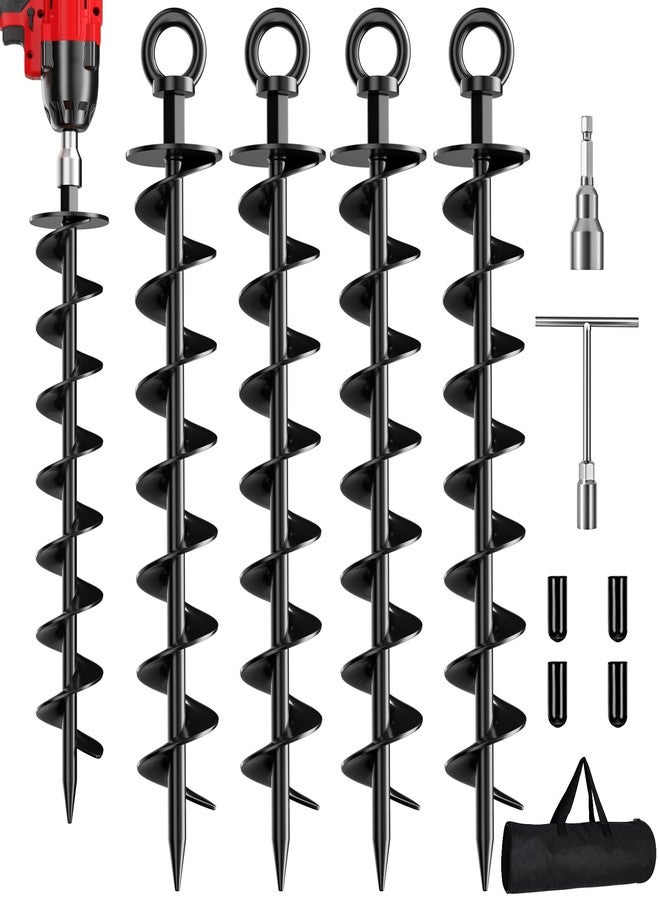 Phopich Ground Anchors Screw in, 4 Pack Spiral Trampoline Anchors with Nut and Tool Swing Set Anchors Tent Stakes High Wind Heavy Duty for Sheds, Carports, Mobile Home Black - Image 1