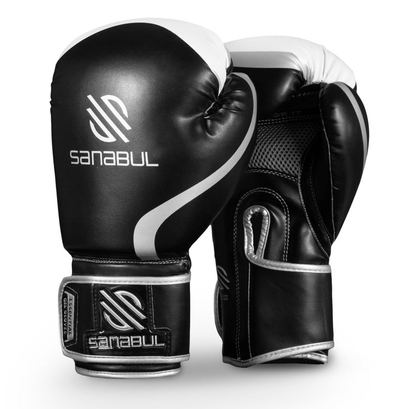 Sanabul  قفازات الملاكمة الأساسية من سانابول للرجال والنساء، قفازات كيك بوكسينغ MMA، قفازات موياي تاي وتدريب الأكياس الثقيلة، أسود/فضي معدني 10 أونصات - Image 2