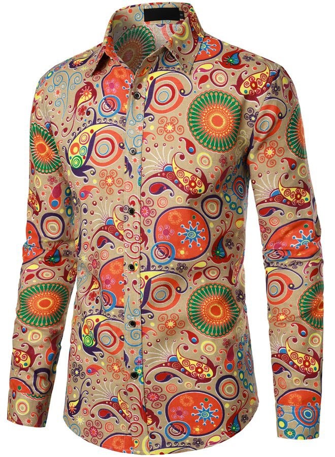 PARKLEES Men's Linen 70s Hippie Traditional Style Pattern Printed Long Sleeve Button up Shirt Khaki Large - Image 2