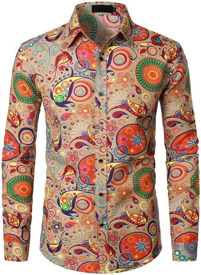 PARKLEES Men's Linen 70s Hippie Traditional Style Pattern Printed Long Sleeve Button up Shirt Khaki Large - Image 1