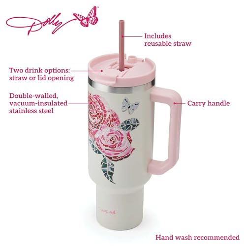 Dolly Parton Tumbler With Handle, Double Wall Vacuum Insulated Stainless Steel With Straw Lid, Cold For Up To 24 Hours Or Hot For Up To 8 Hours, 40 Ounce, Pink Jewel - Image 3