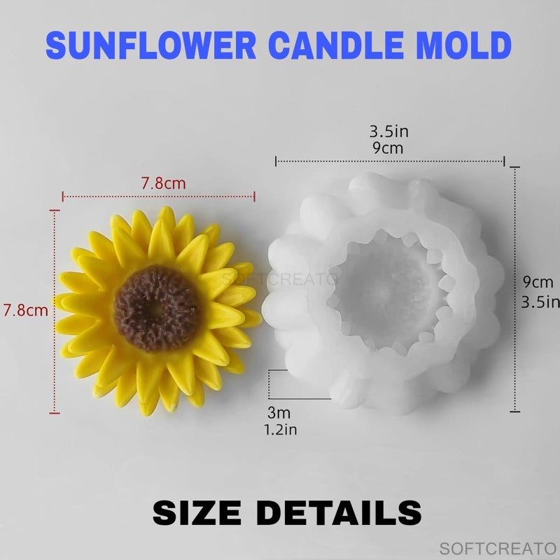 SOFTCREATO 3D Sunflower Candle Silicone Mold Daisy Chrysanthemum Flower Molds for Candle Making I for Handmade Flower Bouquet Soap Aromatherapy Fondant Resin Art and Craft Chocolate Cake Polymer Clay Candle Topper Mould - A (Pack of 1) - Image 3