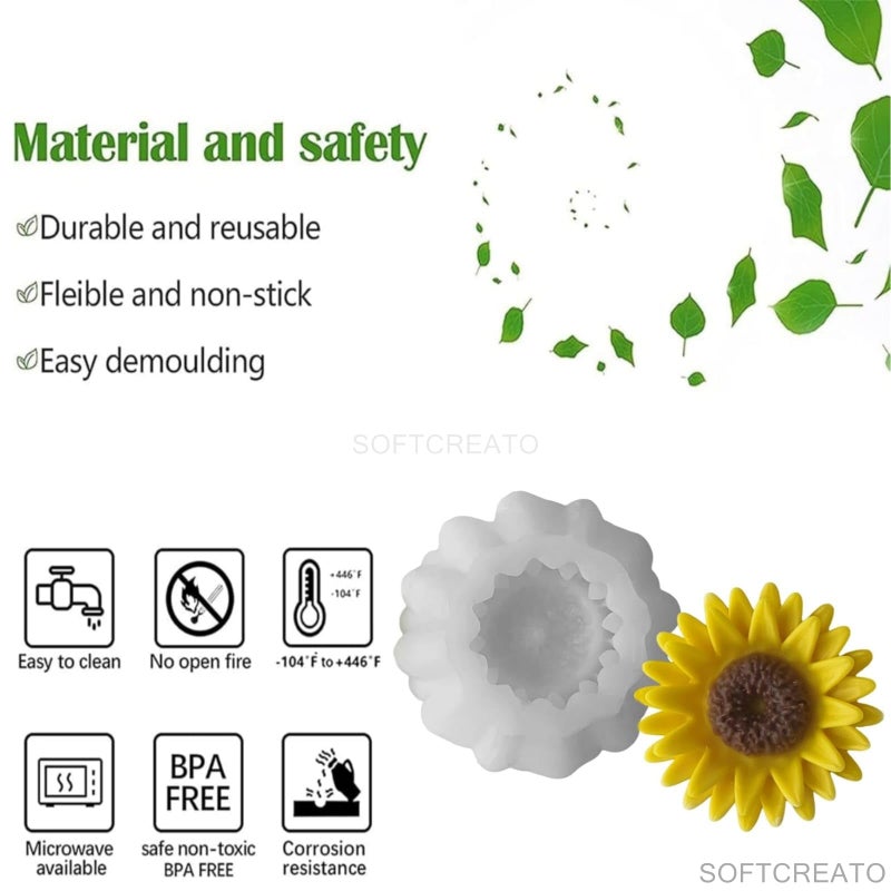 SOFTCREATO 3D Sunflower Candle Silicone Mold Daisy Chrysanthemum Flower Molds for Candle Making I for Handmade Flower Bouquet Soap Aromatherapy Fondant Resin Art and Craft Chocolate Cake Polymer Clay Candle Topper Mould - A (Pack of 1) - Image 2