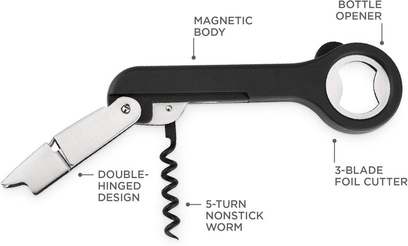 Host Double Hinged Corkscrew, Stainless Steel Bottle Opener and Foil Cutter, Wine Key, Bar Accessories, Set of 1, Black - Image 2