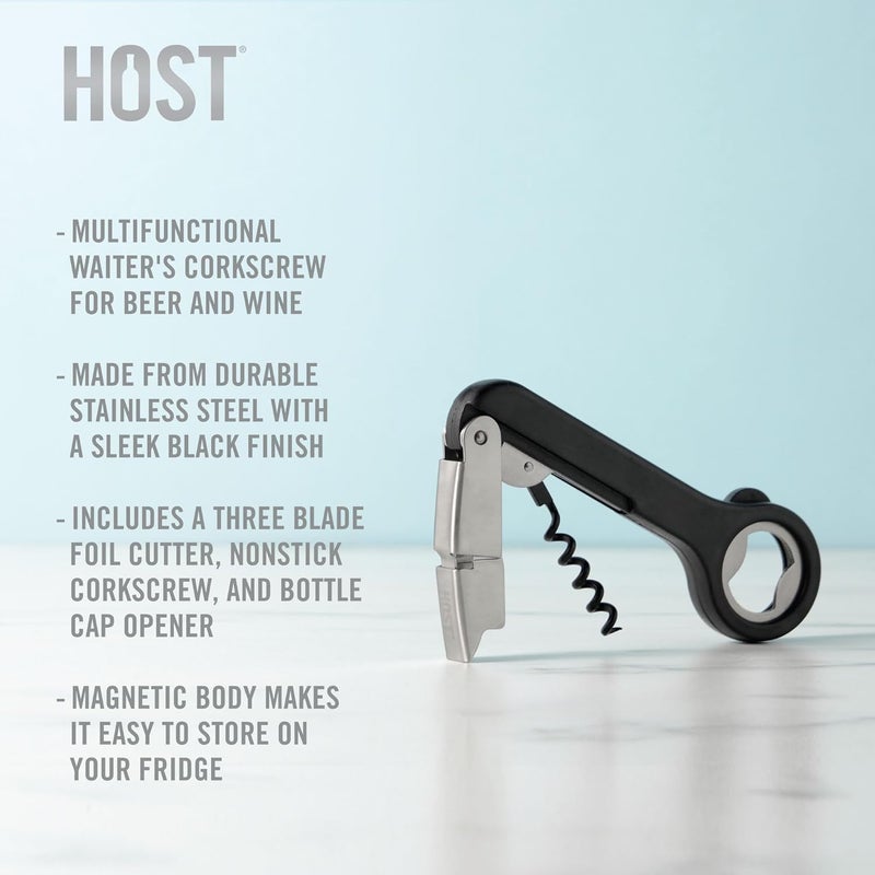 Host Double Hinged Corkscrew, Stainless Steel Bottle Opener and Foil Cutter, Wine Key, Bar Accessories, Set of 1, Black - Image 1