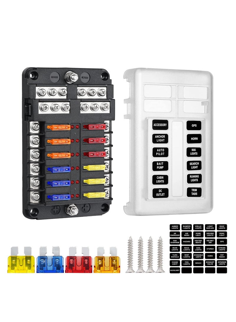 Loquat 12 Way Fuse Block,12V Blade Fuse 12 Circuit ATC/ATO Waterproof Fuse Box Holder with LED Indicator Waterpoof Cover for 12V/24V Automotive Truck Boat Marine RV Van Vehicle (with 16 pcs Fuse) - Image 1