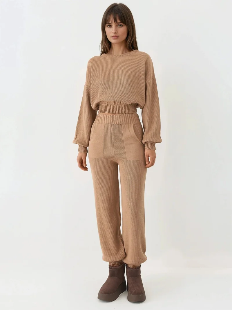 My Fashion Camel Brown MY FASHION Ribbed Cropped Crew Neck Sweater & Elastic Cuff Pants Knit Co-Ord Set for Women | Best Price UAE