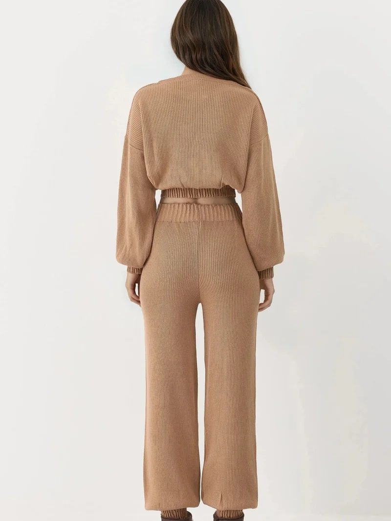 My Fashion Camel Brown MY FASHION Ribbed Cropped Crew Neck Sweater & Elastic Cuff Pants Knit Co-Ord Set for Women | Best Price UAE