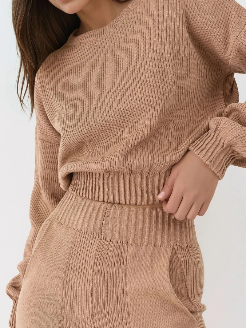 My Fashion Camel Brown MY FASHION Ribbed Cropped Crew Neck Sweater & Elastic Cuff Pants Knit Co-Ord Set for Women | Best Price UAE