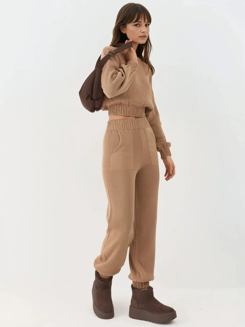My Fashion Camel Brown MY FASHION Ribbed Cropped Crew Neck Sweater & Elastic Cuff Pants Knit Co-Ord Set for Women | Best Price UAE
