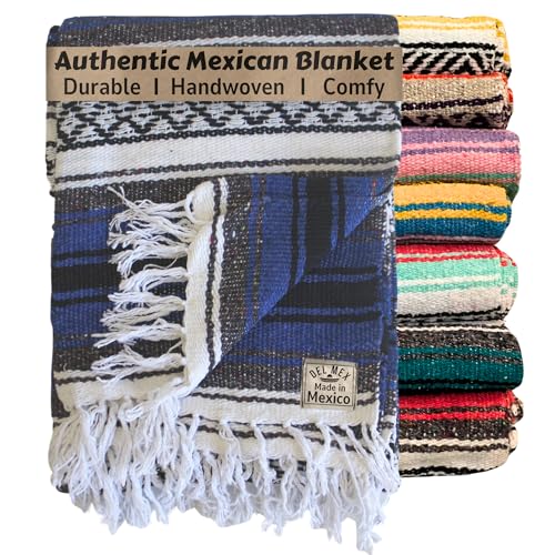 Del Mex Classic Mexican Blanket, Large Authentic Woven Falsa Throw (70"x50"), Artisan Southwest Décor for Beach, Yoga, Outdoors (Blue) - Image 1
