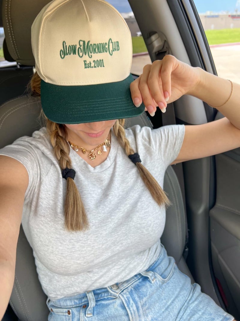 Funky Junque Vintage Slow Morning Club Green Hat Women Men Embroidered Adjustable Vintage Hats for Women - Slow Morning Club - Forest/Beige - Image 2