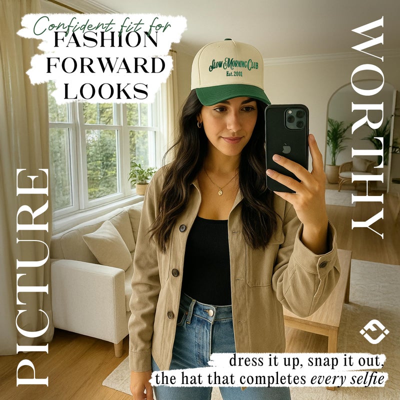 Funky Junque Vintage Slow Morning Club Green Hat Women Men Embroidered Adjustable Vintage Hats for Women - Slow Morning Club - Forest/Beige - Image 5