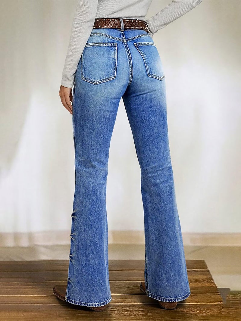 Flamingals Women's Buttoned Hem Bootcut Jeans Without Belt Mid Waist Casual Pants Light Mid Blue XL - Image 2