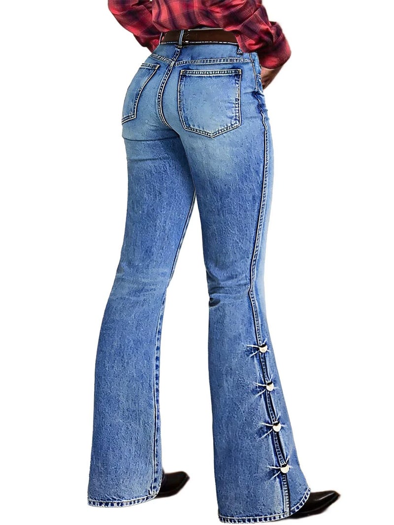 Flamingals Women's Buttoned Hem Bootcut Jeans Without Belt Mid Waist Casual Pants Light Mid Blue XL - Image 1