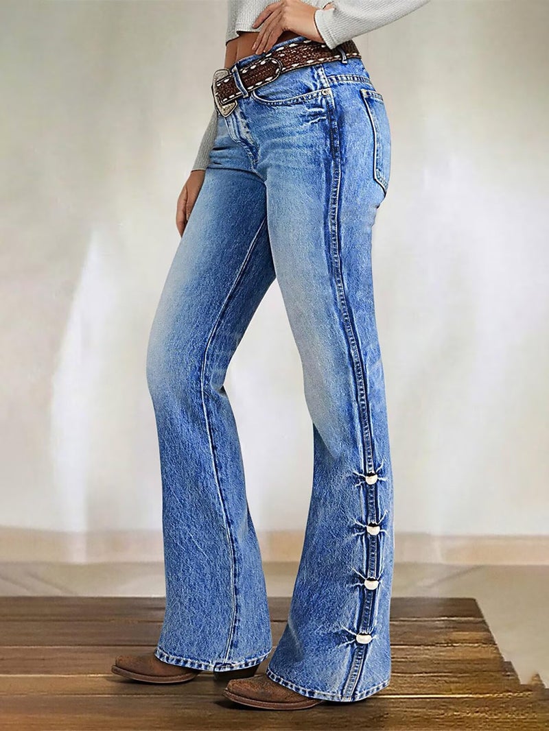 Flamingals Women's Buttoned Hem Bootcut Jeans Without Belt Mid Waist Casual Pants Light Mid Blue XL - Image 4