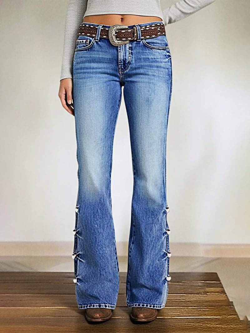 Flamingals Women's Buttoned Hem Bootcut Jeans Without Belt Mid Waist Casual Pants Light Mid Blue XL - Image 3