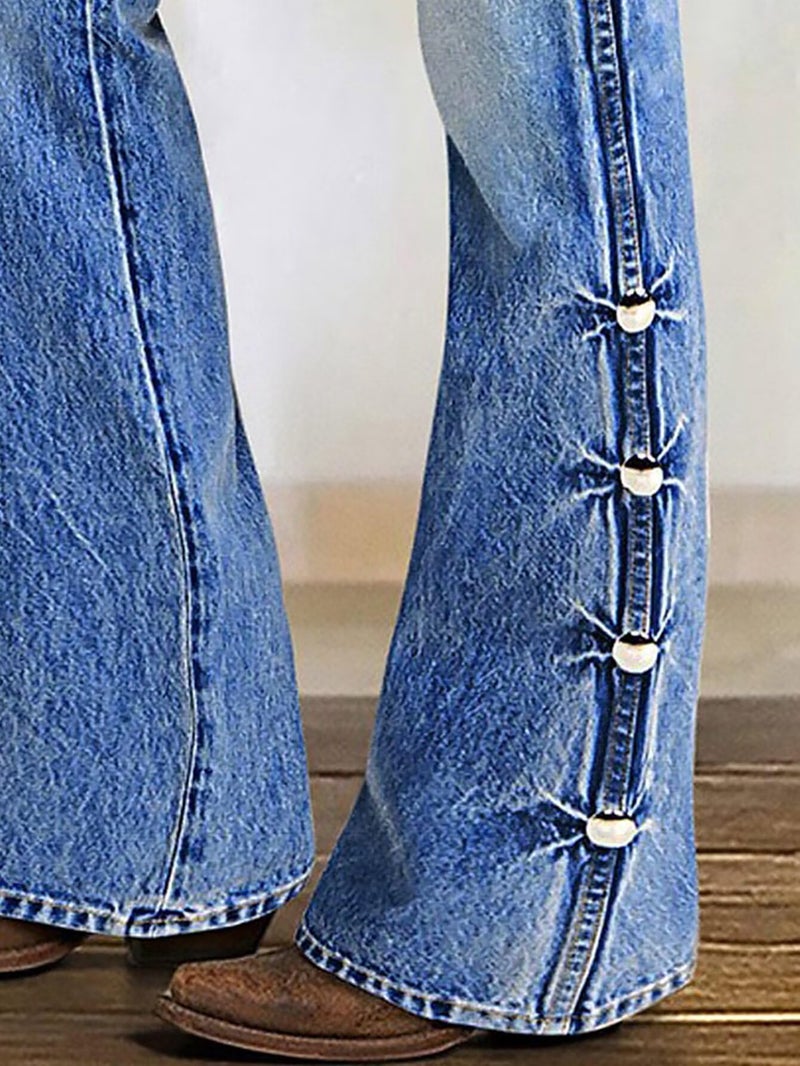 Flamingals Women's Buttoned Hem Bootcut Jeans Without Belt Mid Waist Casual Pants Light Mid Blue XL - Image 5