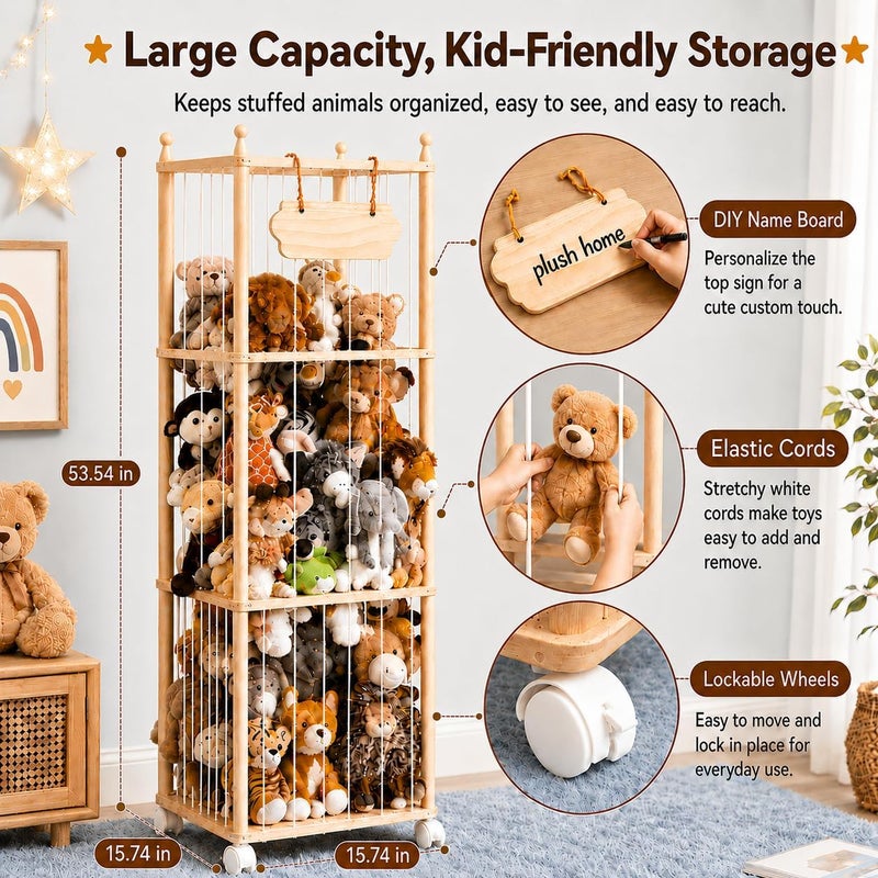 TANONE Stuffed Animal Storage, Wooden Large Toy Organizer, Stuffed Animal Holder for Room, Wood Plush Organizer for Playroom Bedroom Organization - Image 3