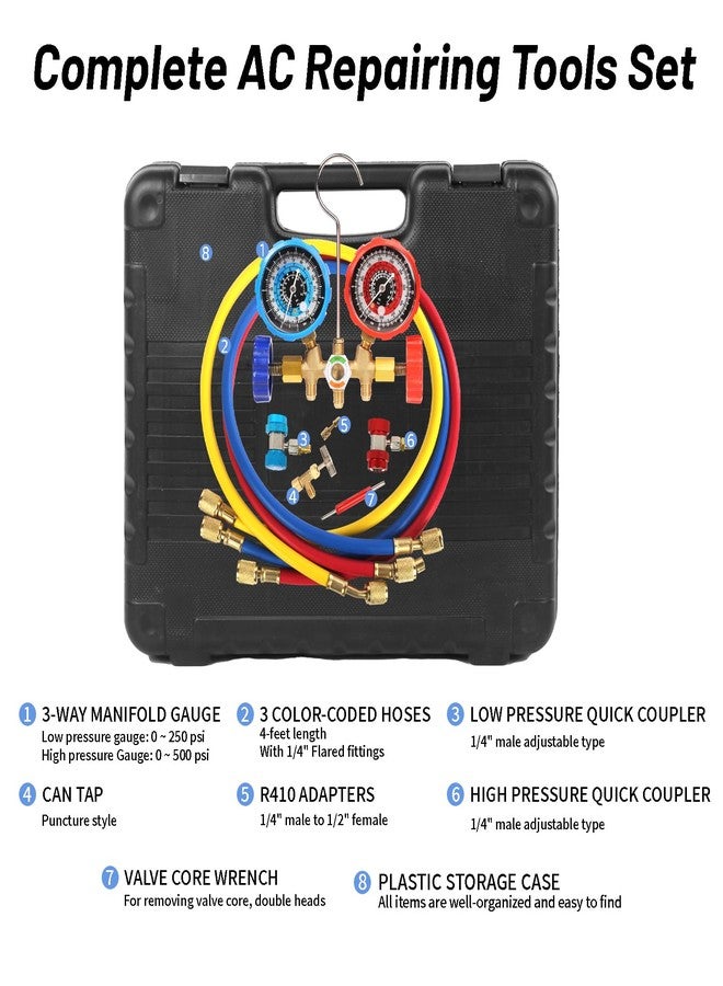 PB Motor Tech BMT PB Motor Tech 3-Way AC Manifold Gauge Set for R134A, R12, R22 & R502 Refrigerants. with Quick Couplers, 410 Adapter, Can Tap & Valve Core Tool. for AC Maintenance. Includes Plastic Storage Case - Image 2
