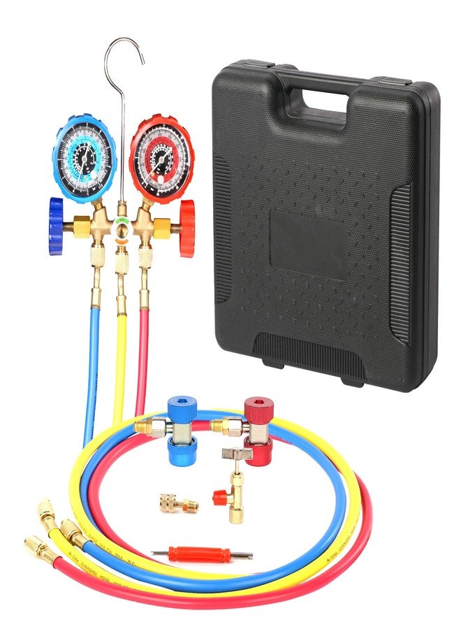PB Motor Tech BMT PB Motor Tech 3-Way AC Manifold Gauge Set for R134A, R12, R22 & R502 Refrigerants. with Quick Couplers, 410 Adapter, Can Tap & Valve Core Tool. for AC Maintenance. Includes Plastic Storage Case - Image 1