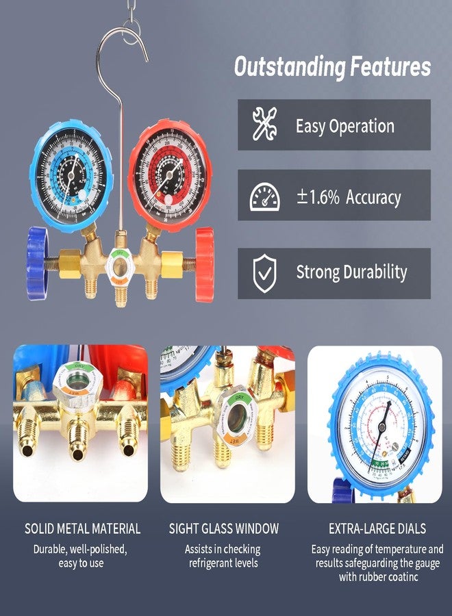 PB Motor Tech BMT PB Motor Tech 3-Way AC Manifold Gauge Set for R134A, R12, R22 & R502 Refrigerants. with Quick Couplers, 410 Adapter, Can Tap & Valve Core Tool. for AC Maintenance. Includes Plastic Storage Case - Image 3