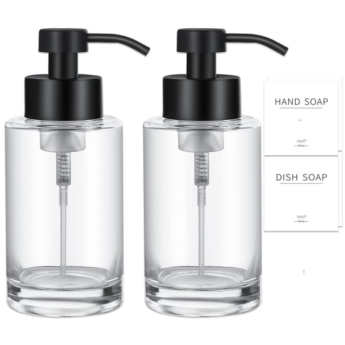 FOAMING SOAP DISPENSER SET 12 OZ GLASS HAND SOAP DISPENSER WITH 304 RUST PROOF STAINLESS STEEL PUMP WATERPROOF LABELS FOR BATHROOM DECOR KITCHEN COLLEGE DORM CLEAR BLACK PUMP 2 PACK