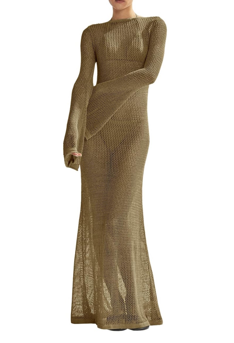 Saodimallsu Womens Crochet Cover Ups Long Sleeve Sexy Mesh Backless Knit Swimsuit Coverup Beach Maxi Dress Khaki - Image 1
