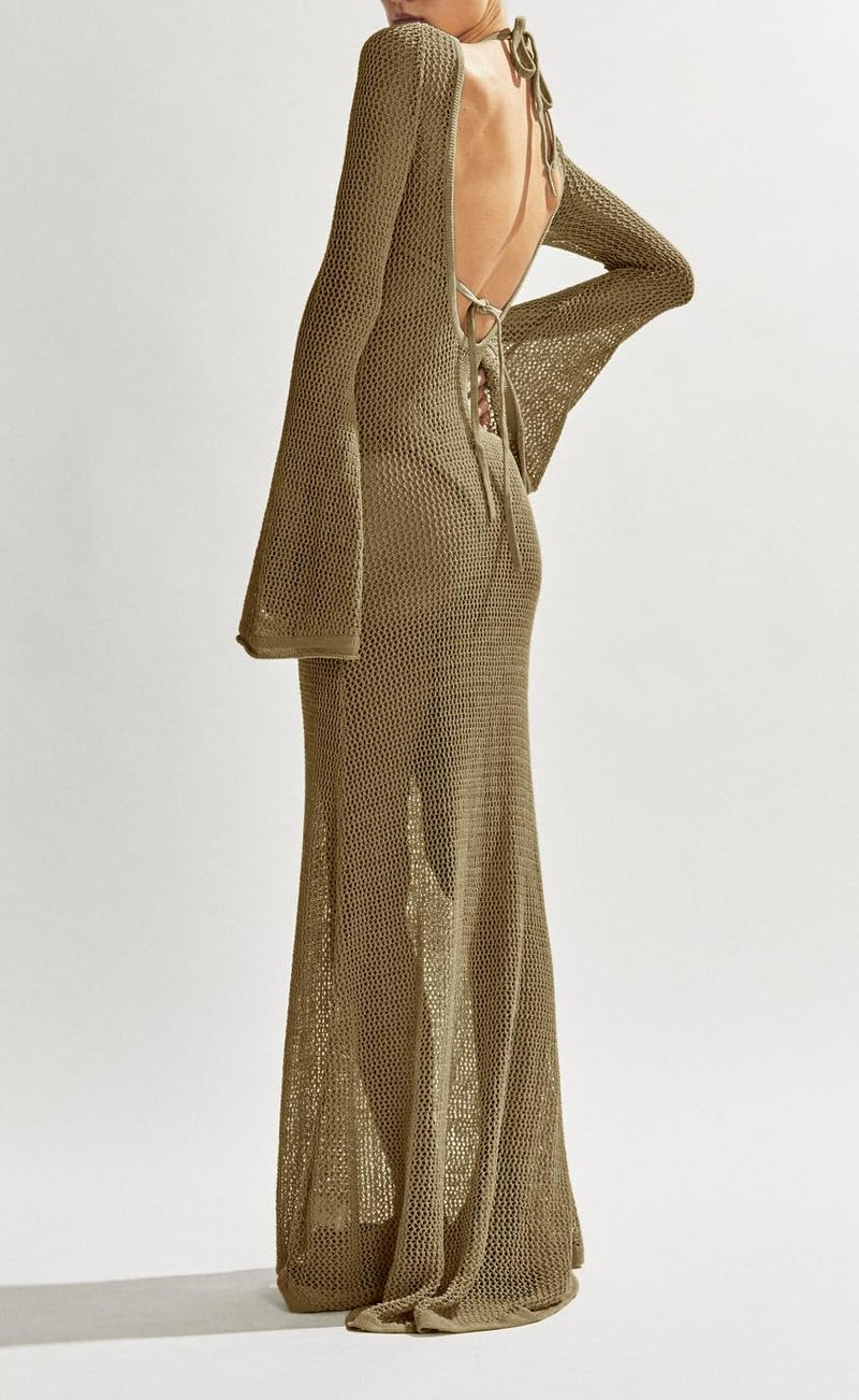 Saodimallsu Womens Crochet Cover Ups Long Sleeve Sexy Mesh Backless Knit Swimsuit Coverup Beach Maxi Dress Khaki - Image 4