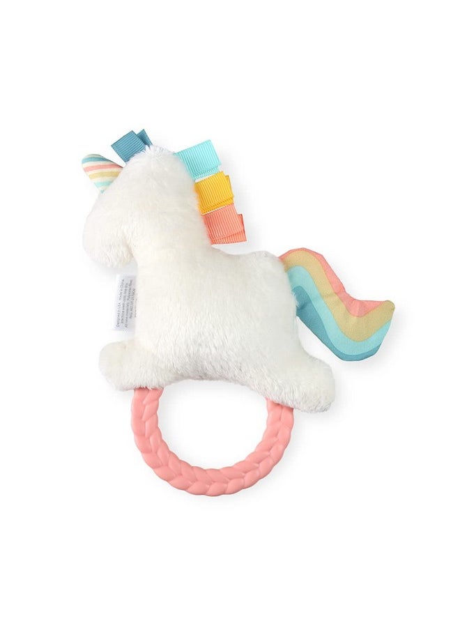 Itzy Ritzy Itzy Ritzy - Ritzy Rattle Pal with Teether - Baby Teething Toy Features A Minky Plush Character, Gentle Rattle Sound & Soft Teether Toy for Newborn (Unicorn)  - Image 1