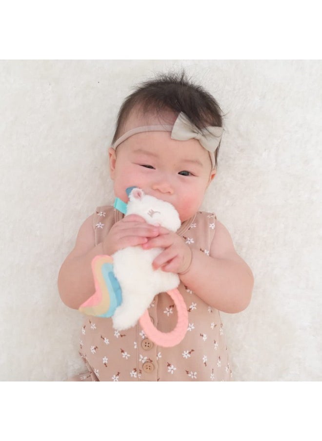 Itzy Ritzy Itzy Ritzy - Ritzy Rattle Pal with Teether - Baby Teething Toy Features A Minky Plush Character, Gentle Rattle Sound & Soft Teether Toy for Newborn (Unicorn)  - Image 2