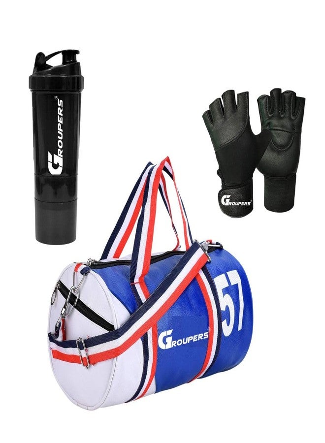 Groupers Gym Combo - Blue and White 20-25L Duffle Bag with Shoe Compartment + 500ml Shaker & Wrist Wrap Gloves, Foldable Waterproof Travel Bag (43×25×23 cm) - Image 1