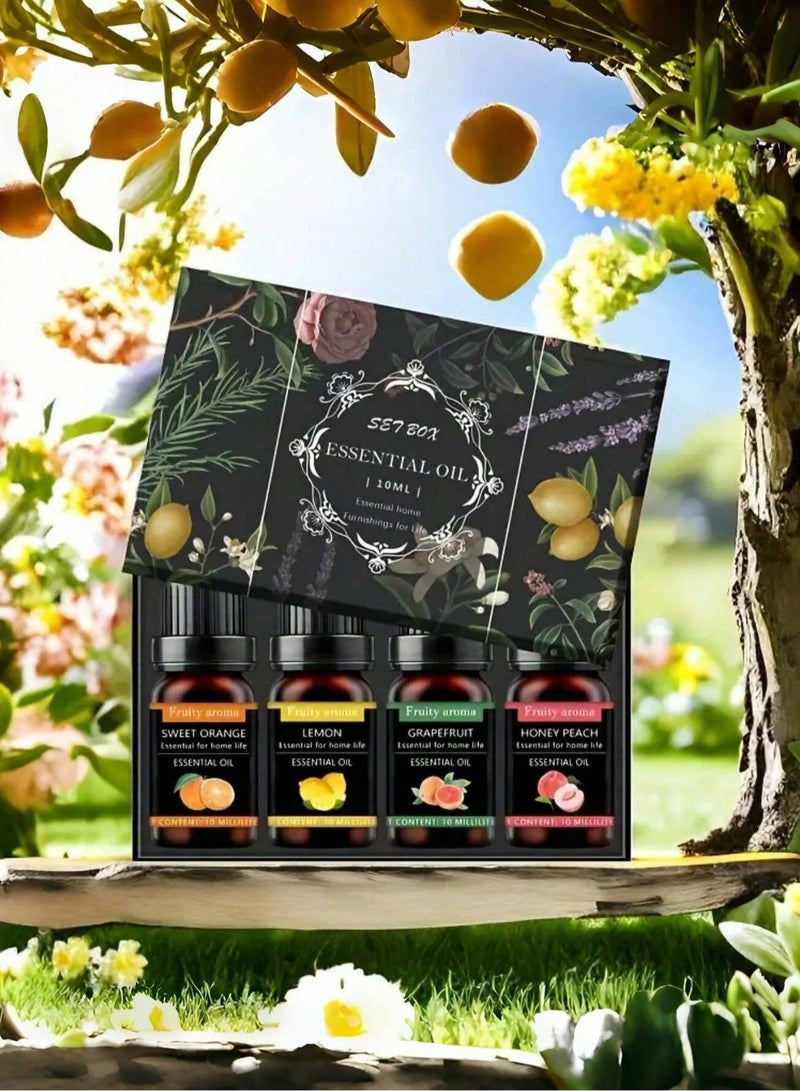 Essential Oil Set Box – Fruity Aroma – Sweet Orange, Lemon, Grapefruit, Honey Peach – 10ML Each – Aromatherapy & Home Fragrance